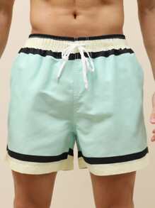 Manfinity Hombres Shorts de natación ribete de rayas de cintura con cordón - verde menta - Ver 4