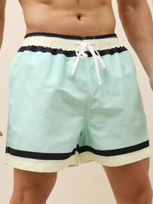 Manfinity Hombres Shorts de natación ribete de rayas de cintura con cordón - verde menta - Ver 5