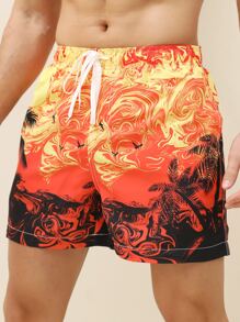 Manfinity Hombres Shorts de natación con estampado tropical de cintura con cordón - Multicolor - Ver 1