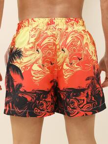 Manfinity Hombres Shorts de natación con estampado tropical de cintura con cordón - Multicolor - Ver 2