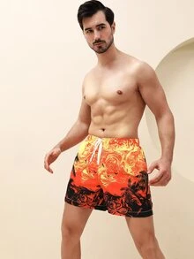 Manfinity Hombres Shorts de natación con estampado tropical de cintura con cordón - Multicolor - Ver 3