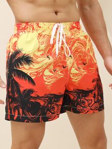 Manfinity Hombres Shorts de natación con estampado tropical de cintura con cordón - Multicolor - Ver 4