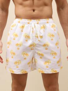 Manfinity Hombres Shorts de natación con estampado de árbol de coco de cintura con cordón - Blanco - Ver 1