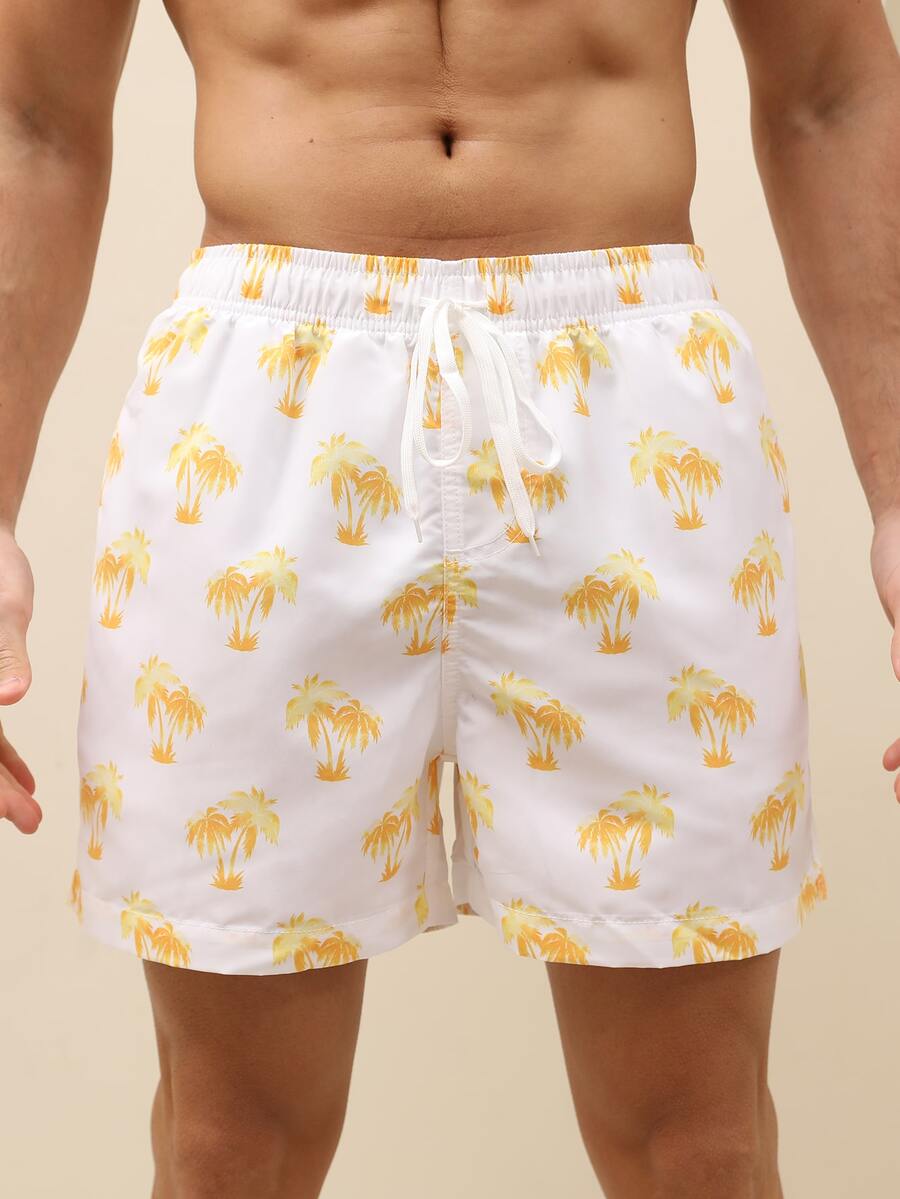 Manfinity Hombres Shorts de natación con estampado de árbol de coco de cintura con cordón - Blanco - Ver 1