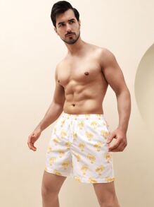 Manfinity Hombres Shorts de natación con estampado de árbol de coco de cintura con cordón - Blanco - Ver 3
