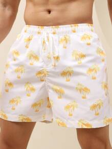 Manfinity Hombres Shorts de natación con estampado de árbol de coco de cintura con cordón - Blanco - Ver 4