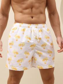 Manfinity Hombres Shorts de natación con estampado de árbol de coco de cintura con cordón - Blanco - Ver 5