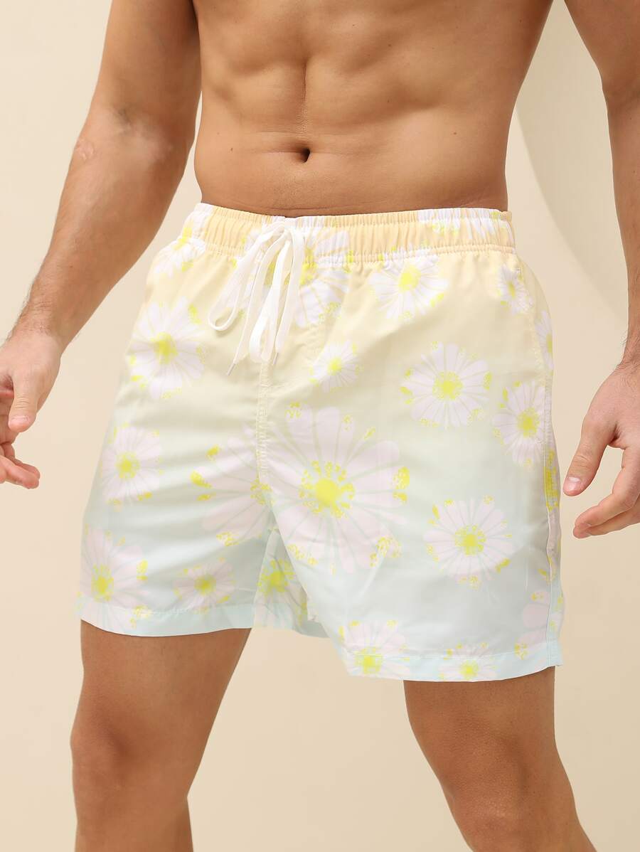 Manfinity Men Floral Print Drawstring Waist Swim Trunks - Multicolor - View 1