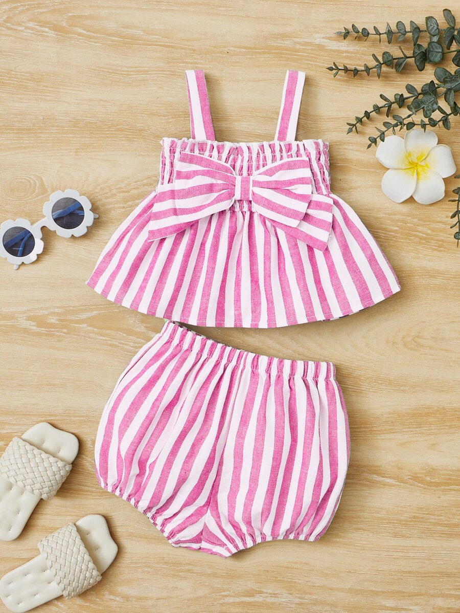 SHEIN Baby Striped Bow Front Cami Top & Shorts - Multicolor - View 1