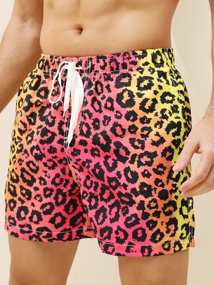 Manfinity Hombres Shorts de natación con estampado de leopardo de cintura con cordón - Multicolor - Ver 1