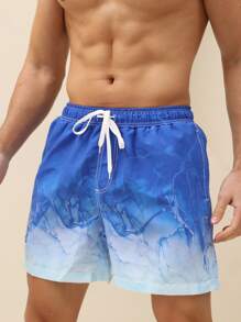 Manfinity Hombres Shorts de natación con estampado de dibujo de cintura con cordón - Azul - Ver 4