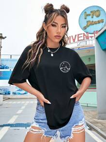 INAWLY 月亮和太阳图案落肩 T 恤 图案 T 恤 女式上衣 - 黑色 - 查看 4