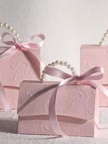 3pcs Paper Gift Box, Modern Pink Flower Detail Faux Pearl Decor Gift Box For Home - Pink - View 1