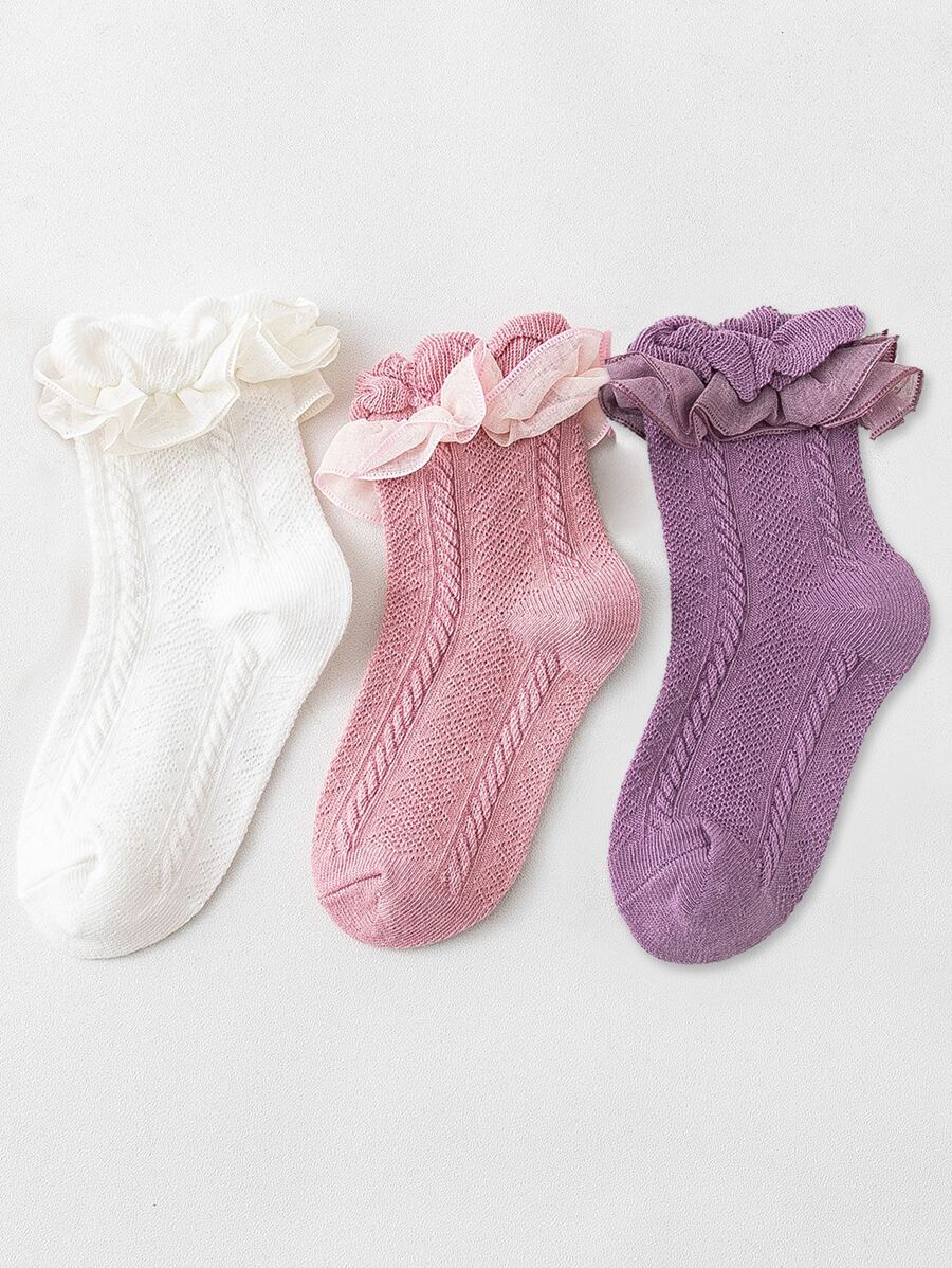 3 pares de calcetines hasta la pantorrilla de algodón con ribete de encaje de princesa para niños