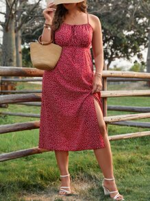 SHEIN Holidaya Plus Allover Heart Print Tie Front Split Thigh Cami Dress - Burgundy - View 2