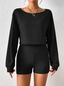 SHEIN Frenchy Solid Asymmetrical Neck Tee & Shorts Winter Black - Black - View 6