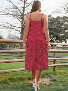 SHEIN Holidaya Plus Allover Heart Print Tie Front Split Thigh Cami Dress - Burgundy - View 3