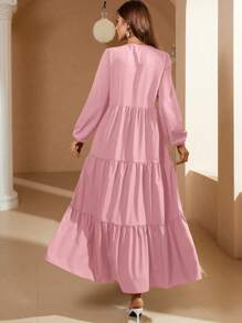 Mulvari Đầm Viên lá sen Thắt nơ trước màu trơn Dễ thương - Hồng - Xem 2