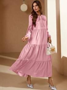 Mulvari Đầm Viên lá sen Thắt nơ trước màu trơn Dễ thương - Hồng - Xem 3