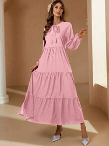 Mulvari Đầm Viên lá sen Thắt nơ trước màu trơn Dễ thương - Hồng - Xem 4