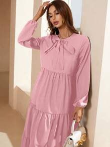 Mulvari Đầm Viên lá sen Thắt nơ trước màu trơn Dễ thương - Hồng - Xem 6