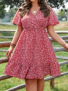 SHEIN Holidaya Plus Ditsy Floral Print Ruffle Hem Dress - Red - View 1