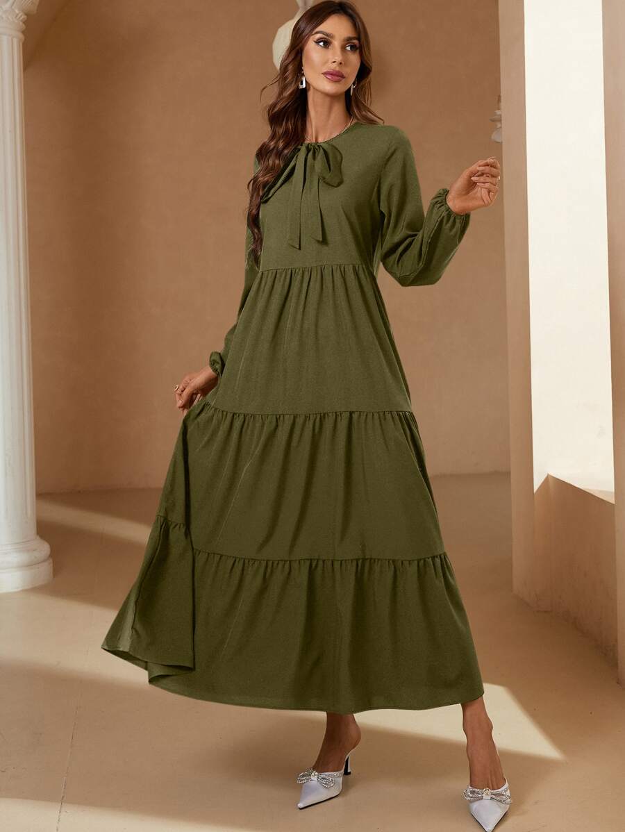 Mulvari Tie Neck Lantern Sleeve Ruffle Hem Dress Maxi Women Outfit - Army Green - View 1