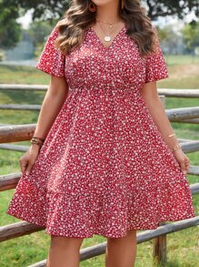 SHEIN Holidaya Plus Ditsy Floral Print Ruffle Hem Dress - Red - View 3