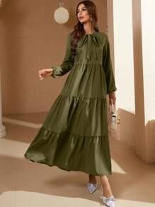 Mulvari Tie Neck Lantern Sleeve Ruffle Hem Dress Maxi Women Outfit - Army Green - View 3