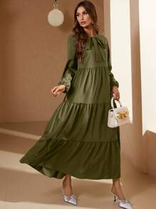 Mulvari Tie Neck Lantern Sleeve Ruffle Hem Dress Maxi Women Outfit - Army Green - View 4