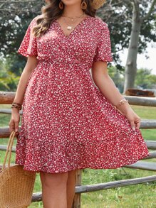 SHEIN Holidaya Plus Ditsy Floral Print Ruffle Hem Dress - Red - View 4