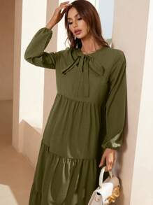 Mulvari Tie Neck Lantern Sleeve Ruffle Hem Dress Maxi Women Outfit - Army Green - View 5