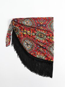 印花流蘇邊側打結沙灘纏腰式半身裙 - 彩色 - 查看 4