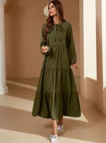 Mulvari Tie Neck Lantern Sleeve Ruffle Hem Dress Maxi Women Outfit - Army Green - View 6