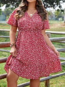 SHEIN Holidaya Plus Ditsy Floral Print Ruffle Hem Dress - Red - View 5