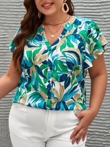 SHEIN Frenchy Áo sơ mi Plus Size Xù Nút phía trước Nhiệt đới Boho - Nhiều màu - Xem 6