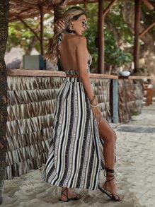 SHEIN VCAY Geo Print Tie Backless Halter Top & Split Thigh Skirt - Black and White - View 2