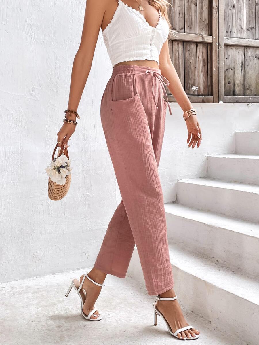 SHEIN Frenchy Drawstring Waist Slant Pocket Pants Winter Pink Casual