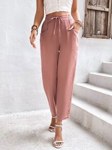SHEIN Frenchy Drawstring Waist Slant Pocket Pants Winter Pink Casual