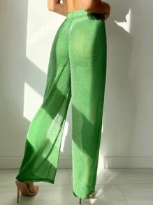 Sheer Wide Leg Cover Up Pants Without Bikini - Green - View 2