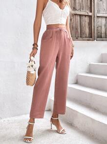 SHEIN Frenchy Drawstring Waist Slant Pocket Pants Winter Pink Casual