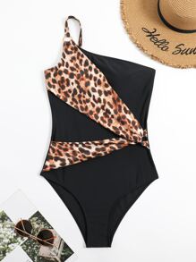 Leopard Print One Shoulder One Piece Swimsuit - Multicolor - View 4