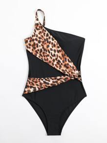 Leopard Print One Shoulder One Piece Swimsuit - Multicolor - View 3
