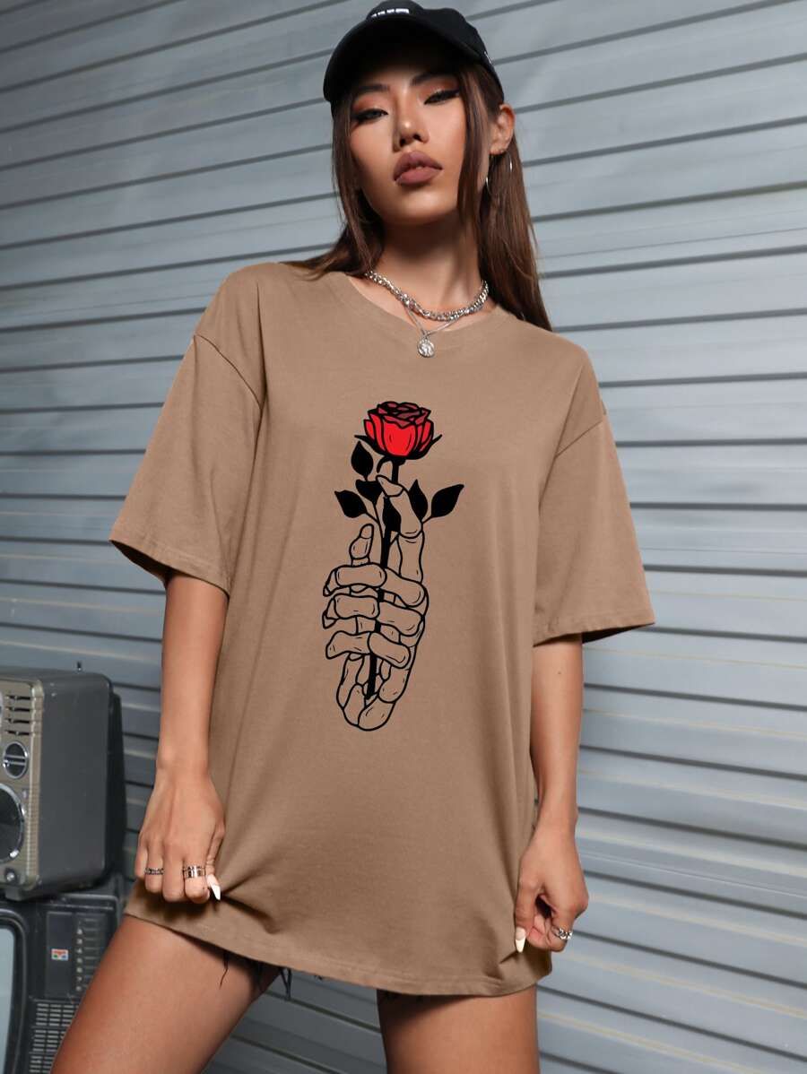 Mermaid Designs 花卉圖案和骷髅圖案落肩袖超大號T恤 - 摩卡棕 - 查看 1