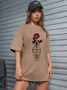 Mermaid Designs 花卉圖案和骷髅圖案落肩袖超大號T恤 - 摩卡棕 - 查看 4