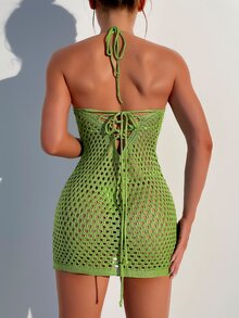 Hollow Out Halter Cover Up Dress Without Bikini - Green - View 2