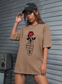 Mermaid Designs 花卉圖案和骷髅圖案落肩袖超大號T恤 - 摩卡棕 - 查看 6