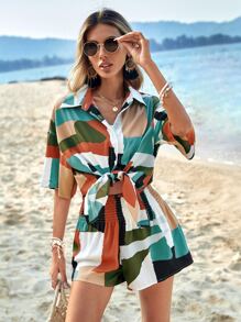 SHEIN VCAY 幾何印花落肩袖襯衫和短褲 - 彩色 - 查看 2