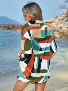 SHEIN VCAY 幾何印花落肩袖襯衫和短褲 - 彩色 - 查看 3