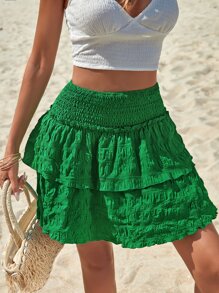 SHEIN VCAY 高腰荷葉邊打褶半身裙 - 綠色 - 查看 6